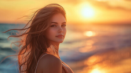 Blond woman in bikini enjoying a relaxing summer sunset on the beach with the ocean and sky in the background