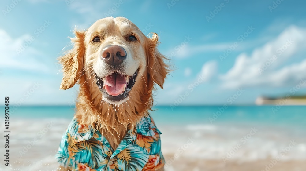 Poster energetic golden retriever happily running along shoreline splashing through waves while wearing a c