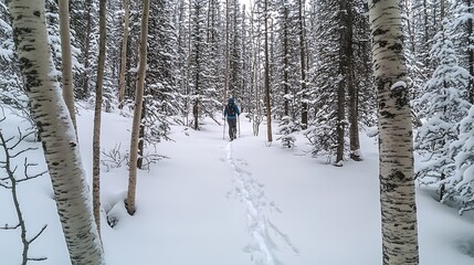 Fototapeta premium Snowshoer trekking through a snowy forest trail.