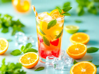 Fresh citrus and berry cocktail with ice cubes, mint leaves, and a striped straw in a glass. Orange, strawberry, blueberry, and cherry on a reflective surface with a tropical blurred background. 