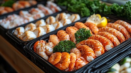 Premium fresh seafood selection arranged in black containers prepared for dinner