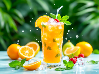 Fresh citrus and berry cocktail with ice cubes, mint leaves, and a striped straw in a glass. Orange, strawberry, blueberry, and cherry on a reflective surface with a tropical blurred background. 