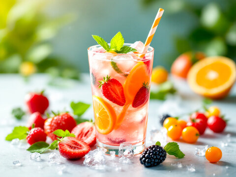 Glass of iced citrus and berry fruit punch with fresh mint leaves, surrounded by oranges, strawberries, grapefruit, and ice cubes. Refreshing summer beverage concept.