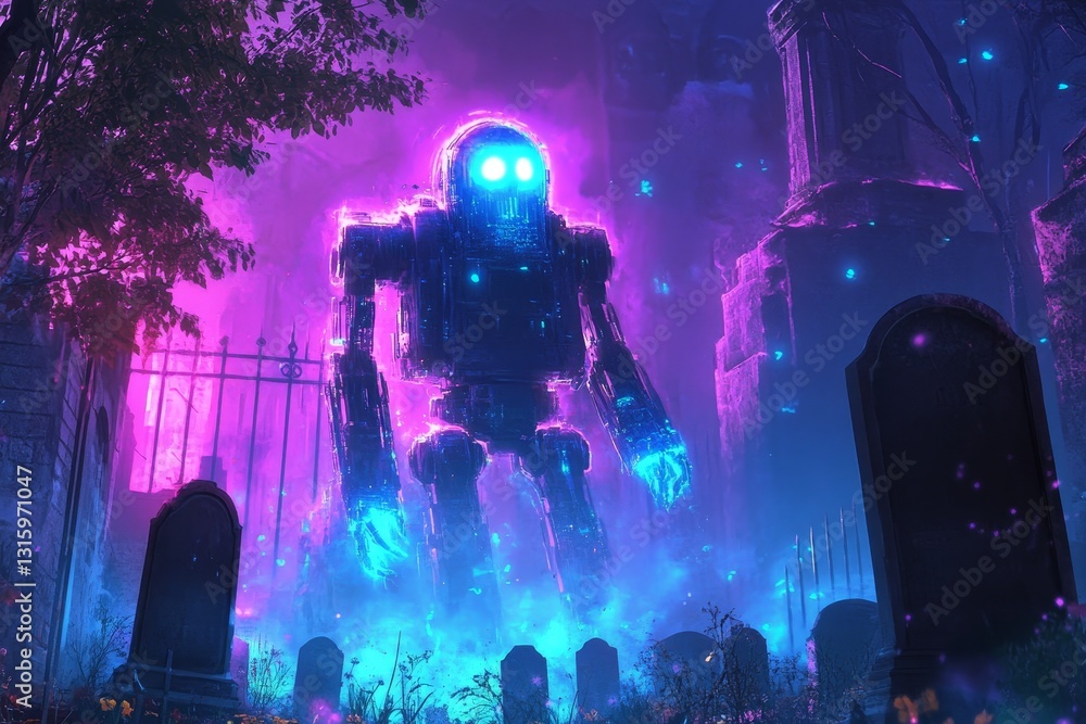 Poster a robot is walking through a cemetery with a blue sky in the background. the robot is glowing and he