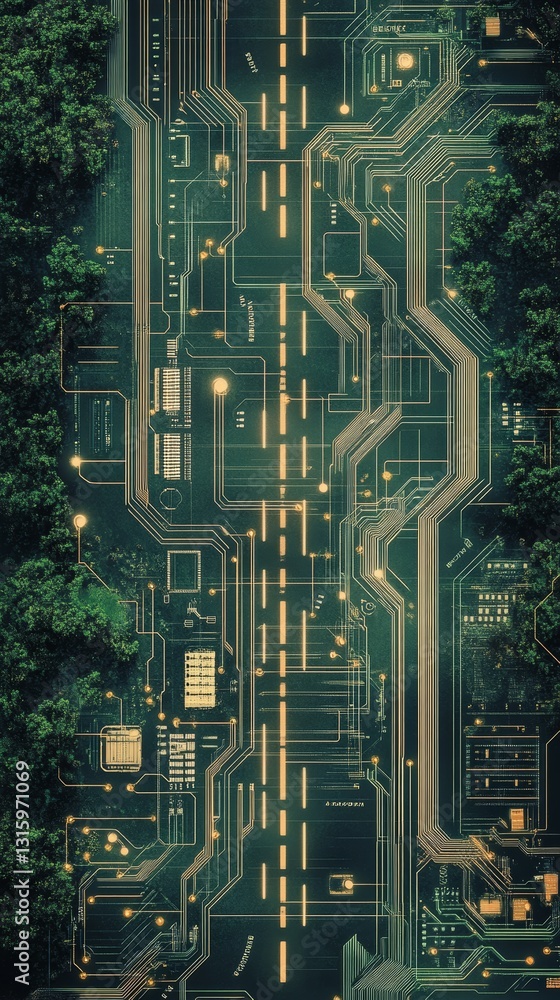 Poster abstract technology background with circuit pattern and greenery