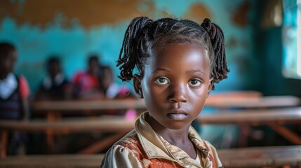 Enthusiastic African schoolgirl engaged in learning within a vibrant elementary classroom setting.