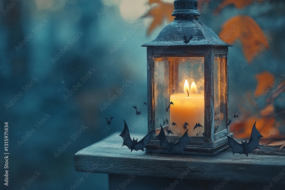Poster a captivating image of an illuminated lantern with a candle, surrounded by flying bats and autumn le