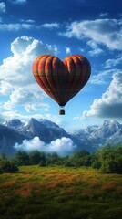 Fototapeta premium A heart-shaped hot air balloon soaring over majestic mountains.
