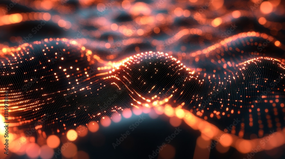 Poster this captivating image showcases luminous waves of particles in a dark digital space, emphasizing a 
