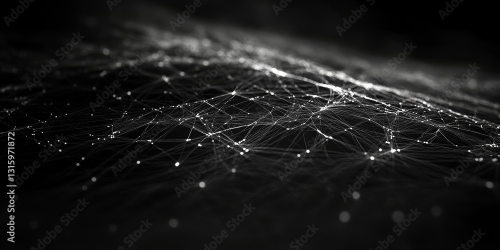 Poster This abstract digital network visualization features intricate lines and nodes, creating a dynamic representation of connectivity and data flow in a dark environment.