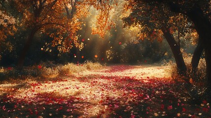 Obraz premium Magical autumn forest path strewn with falling leaves and petals in warm sunlight.