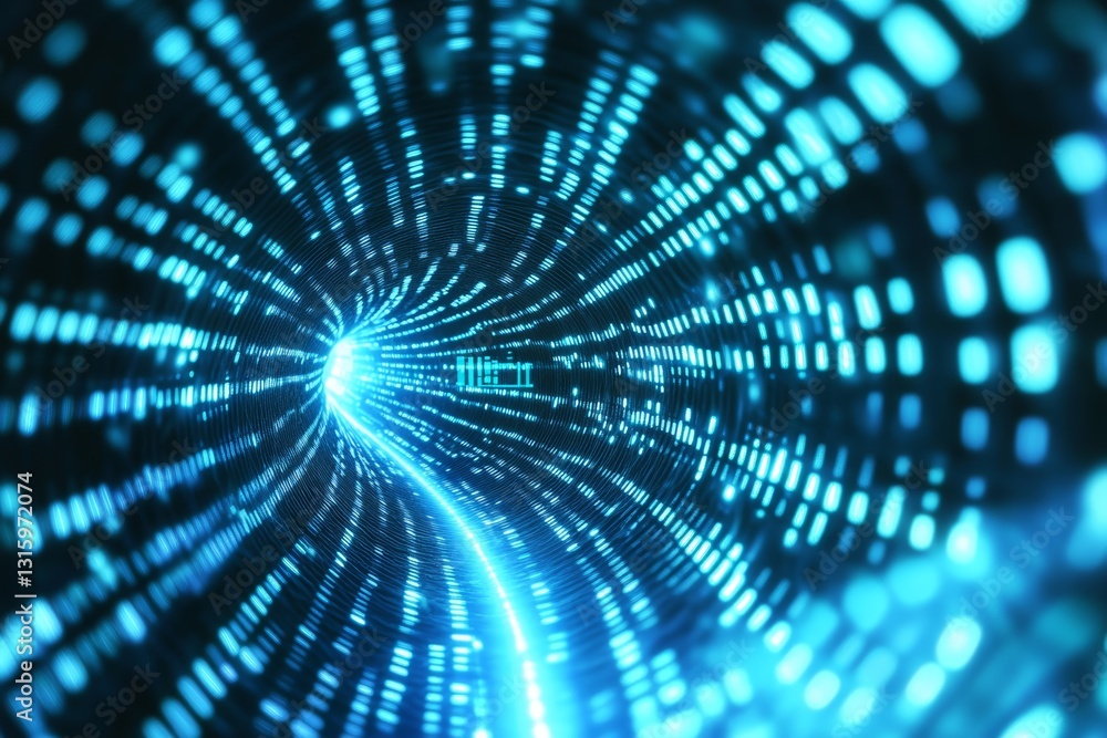 Poster explore a mesmerizing digital tunnel illuminated by glowing blue binary code, symbolizing fast data 