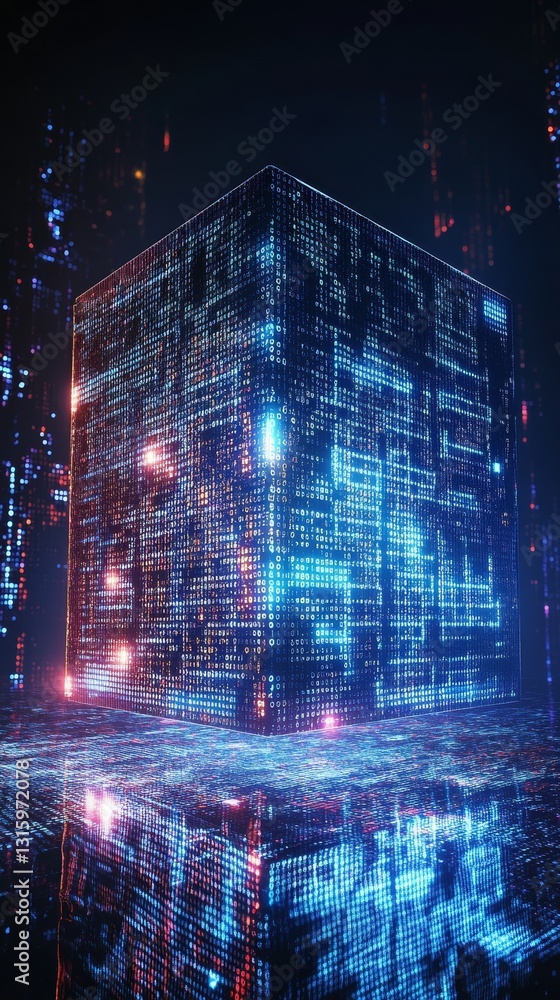 Poster this visually striking image depicts a neon-lit cube surrounded by a flow of digital data, set in a 