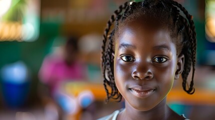 Enthusiastic African schoolgirl engaged in learning within a vibrant elementary classroom setting.