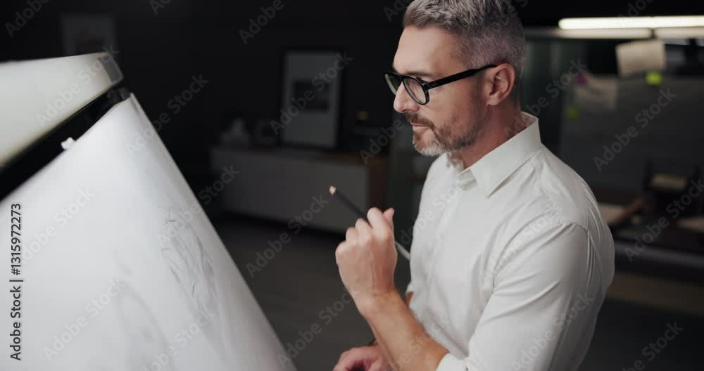 Poster man, architect and drawing with building, whiteboard and lines with creativity, editing and night at
