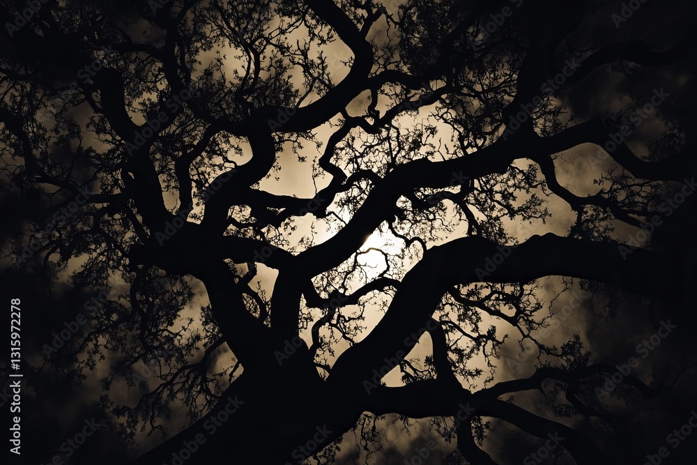 Poster a captivating silhouette of twisted tree branches set against a mysterious glow, creating a dramatic