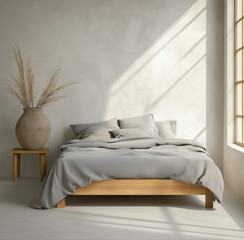 Serene Bedroom: A sunlit bedroom bathed in the soft glow of sunlight, with a minimalist wooden bed frame and a neutral color palette create a sanctuary of calm.