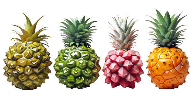 Four colorful pineapples in golden yellow, green, red, and orange arranged in a horizontal row with glossy textures on a black background, isolated PNG