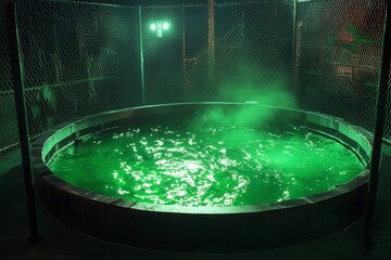 A green pool with a foggy mist surrounding it. The pool is surrounded by a fence and has a green light shining on it