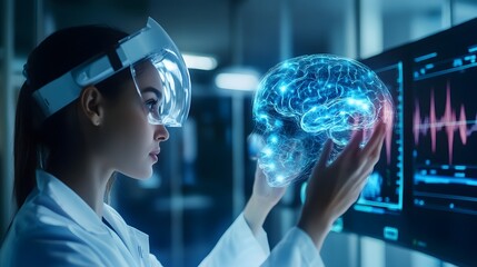 Brain Visualization: A scientist wearing a virtual reality headset, examines a holographic brain, symbolizing innovation in medical and technology.
