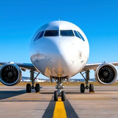 Obraz premium Commercial aircraft approaching its stand at the airport with clear blue sky and runway markings visible below