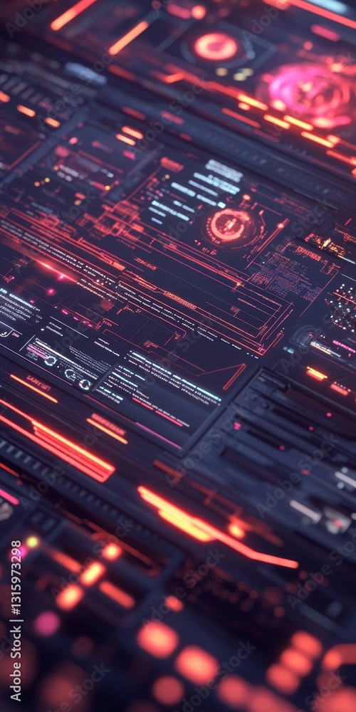 Poster explore a vibrant futuristic digital data interface with neon elements. the intricate design showcas