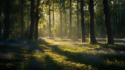 Fototapeta premium Sunbeams illuminate a misty forest floor covered in bluebells.