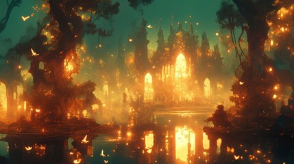 Obraz premium Enchanting Golden Glow Fairytale Castle in a Mystical Forest