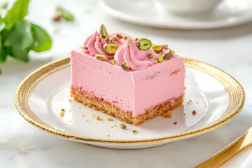Elegant plated dessert featuring a rose pistachio cake slice on a gold-rimmed dish