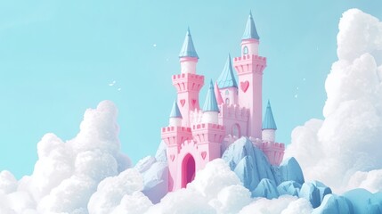 Pink castle on clouds, fairytale scene, sky background, children's book illustration