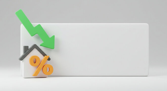 A falling green chart arrow with a percentage icon on a wide white background, symbolizing declining interest rates, mortgage reductions, and financial downturns
