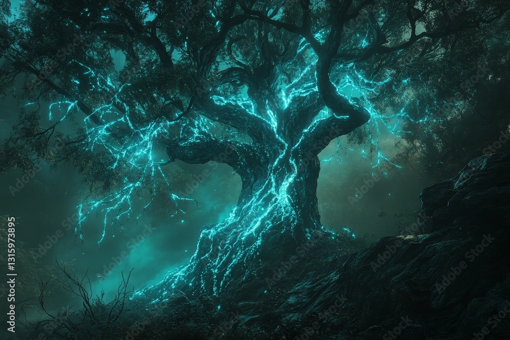 Aufkleber a tree with glowing branches and leaves. the tree is surrounded by a dark forest. scene is mysteriou