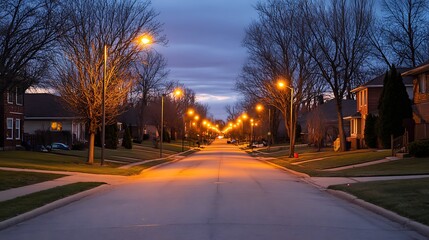 Dusk on a residential street, lined with trees and illuminated by streetlights.