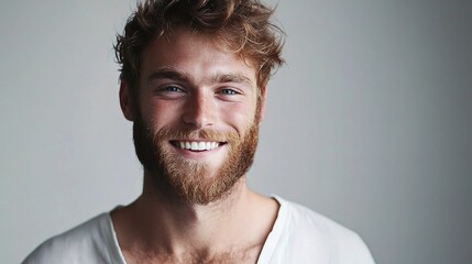 Fototapeta premium Confident Young Man with Beard Smiling in Bright Natural Light