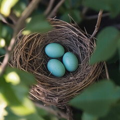Obraz premium Bird's Nest with Eggs: A close-up shot captures a bird's nest nestled amidst lush green foliage, revealing three delicate, speckled turquoise eggs.