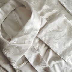 a cream-colored, possibly silk, kimono or similar garment, folded neatly. Intricate, subtle patterns are visible on the fabric.