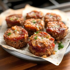 A plate of mini meatloaf muffins topped with ketchup and parsley. They are browned and look savory.