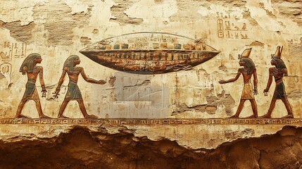Ancient Egyptian hieroglyphs depicting an alien spaceship and aliens, carved on the wall of an ancient pyramid in Egypt, photo-realistic.