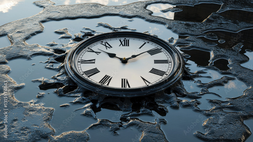 Poster surreal clock melting in a puddle reflecting a dreamlike landscape with time distorted in a unique a