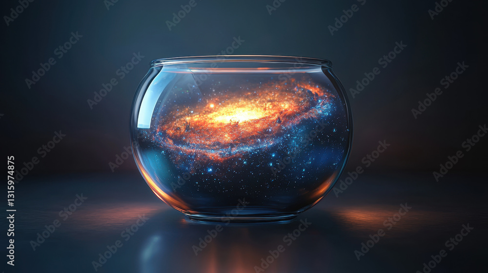 Poster enchanting glass bowl containing a glorious galaxy floating in space creating a surreal cosmic visua