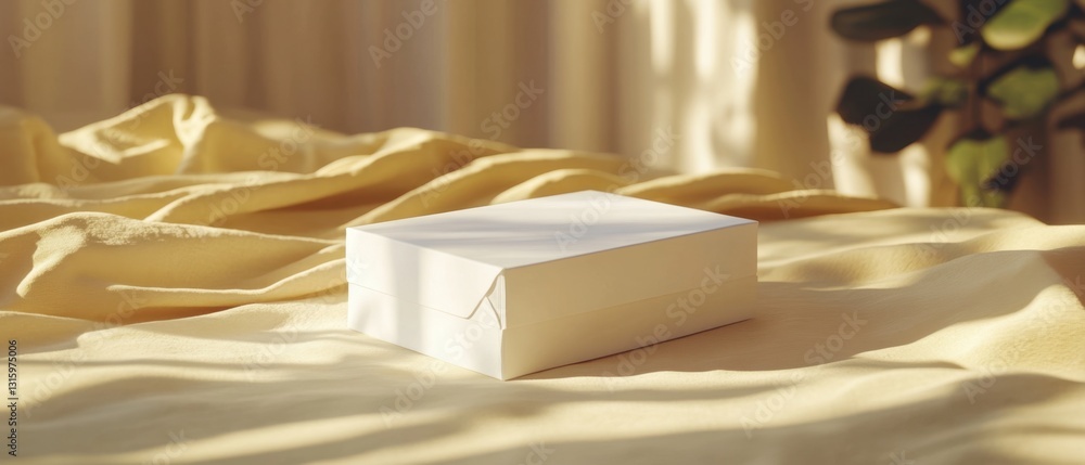 Poster elegant white box on soft yellow fabric with natural light creating a serene and calming atmosphere 