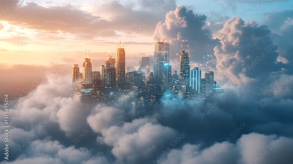 Poster experience a breathtaking surreal cityscape floating majestically in clouds at sunset, creating a dr