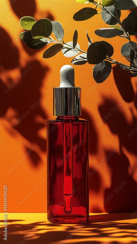Poster a vibrant red bottle with a sleek white cap rests on a rustic wooden table, casting a soft shadow. t
