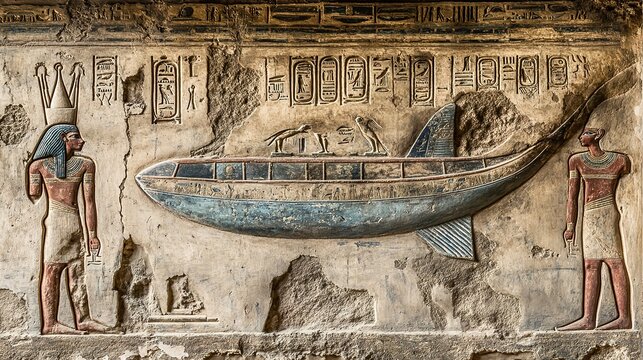 Ancient Egyptian hieroglyphs depicting an alien spaceship and aliens, carved on the wall of an ancient pyramid in Egypt, photo-realistic.