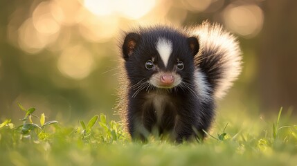 Obraz premium Adorable Skunk Kitten Playing in a Lush Green Field at Sunset