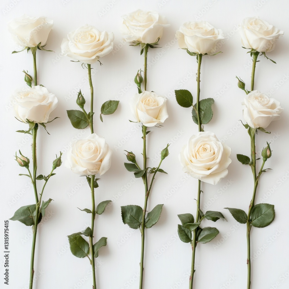 Poster Elegant white roses arranged in a grid pattern on a white background creating a serene and minimalist floral composition with a flat lay camera angle