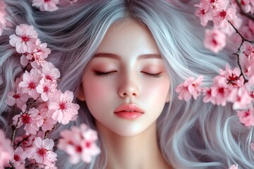 Naklejka premium Commercial promotion creative. Pretty caucasian young woman surrounded by cherry blossoms. Spring mood, dark night and warm mystic light - complementary lighting. Lively woman in spring garden.