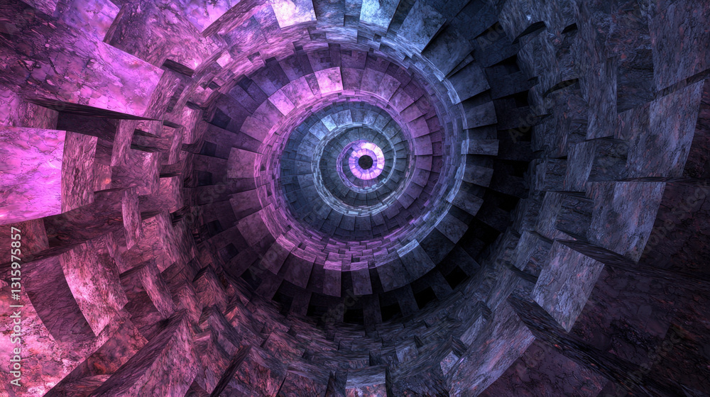 Poster captivating circular tunnel in a surreal landscape with an infinite looping design evoking cosmic wo