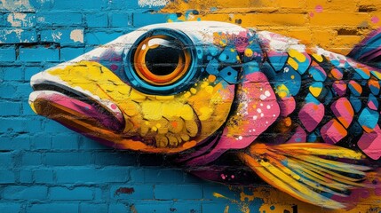 Colorful fish mural on a brick wall