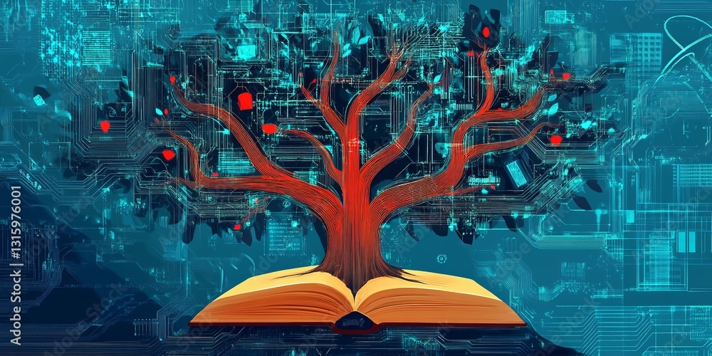 Poster a tree with an open book on top of it